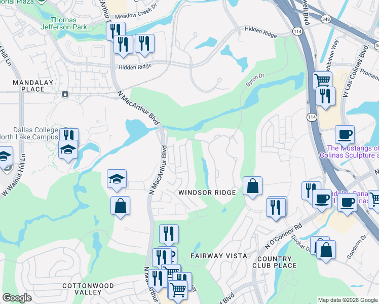 map of restaurants, bars, coffee shops, grocery stores, and more near 4621 Windsor Ridge Drive in Irving