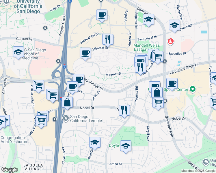 map of restaurants, bars, coffee shops, grocery stores, and more near 3936 La Jolla Village Drive in San Diego