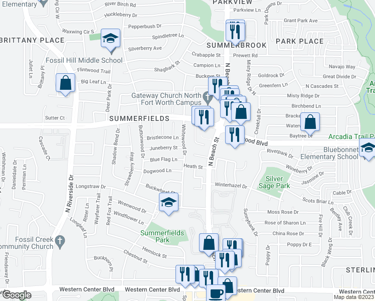 map of restaurants, bars, coffee shops, grocery stores, and more near 7212 Whitewood Drive in Fort Worth