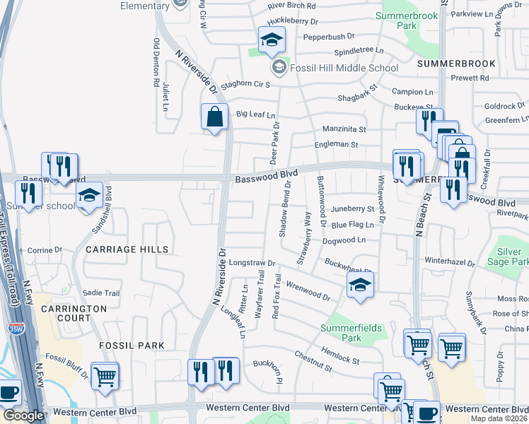 map of restaurants, bars, coffee shops, grocery stores, and more near 7221 Wayfarer Trail in Fort Worth