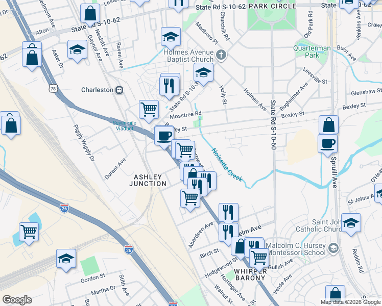 map of restaurants, bars, coffee shops, grocery stores, and more near 4233 Barnwell Avenue in North Charleston