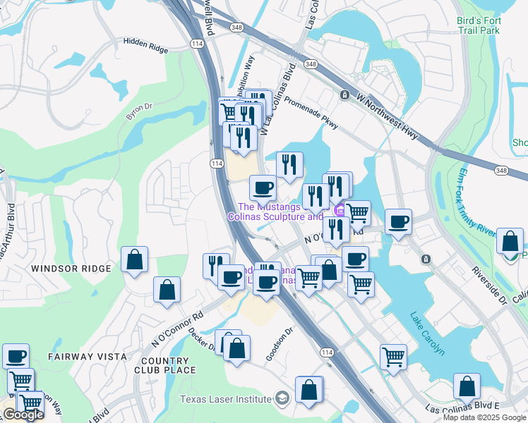 map of restaurants, bars, coffee shops, grocery stores, and more near 222 West Las Colinas Boulevard in Irving
