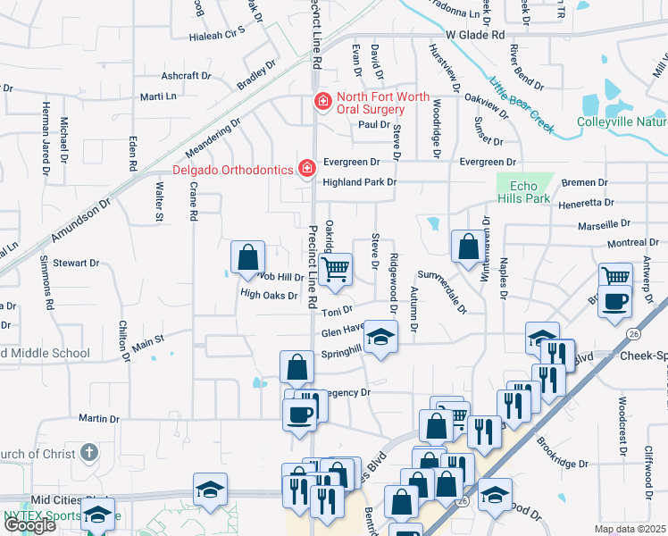map of restaurants, bars, coffee shops, grocery stores, and more near 2916 Oakridge Dr in Hurst