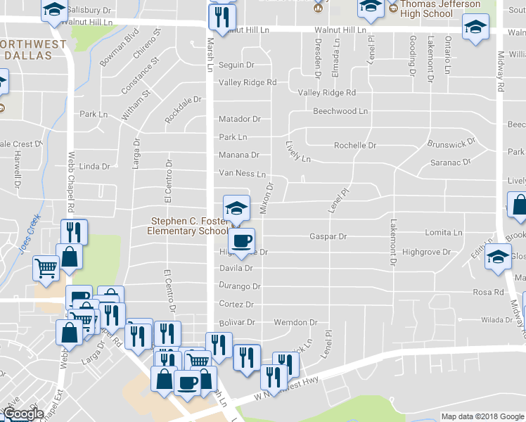 map of restaurants, bars, coffee shops, grocery stores, and more near 9725 Mixon Drive in Dallas