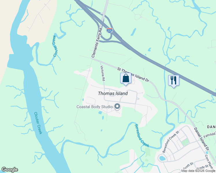 map of restaurants, bars, coffee shops, grocery stores, and more near 202 Clouter Creek Drive in Charleston