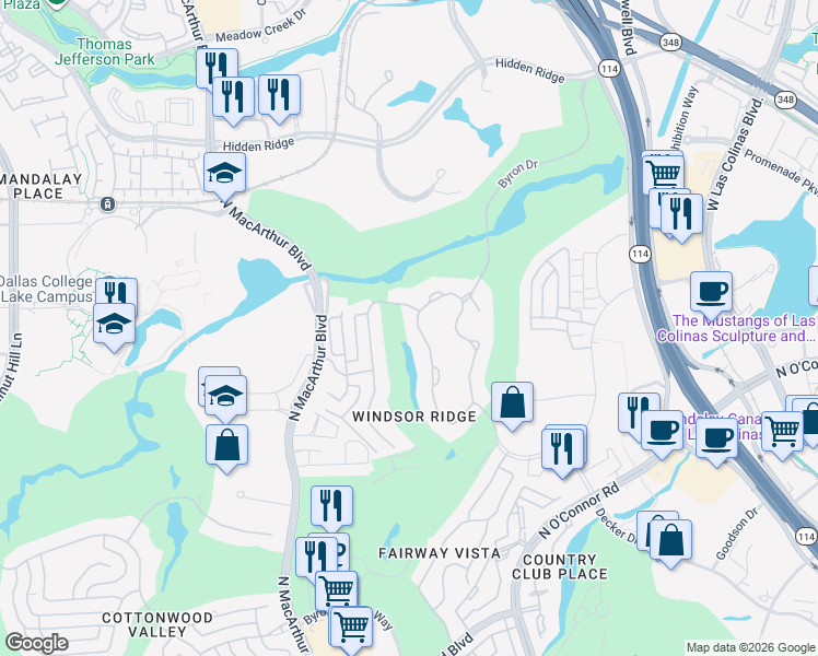map of restaurants, bars, coffee shops, grocery stores, and more near 4708 Byron Circle in Irving