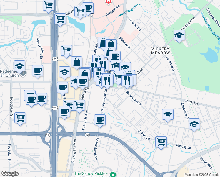 map of restaurants, bars, coffee shops, grocery stores, and more near 8316 Park Lane in Dallas