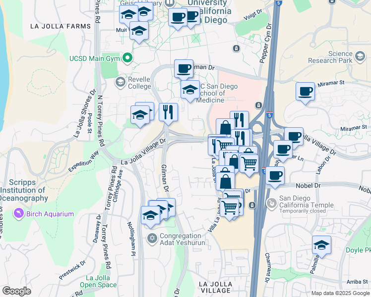 map of restaurants, bars, coffee shops, grocery stores, and more near 8950 Villa La Jolla Drive in San Diego