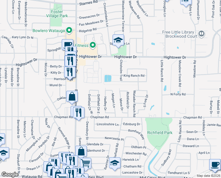 map of restaurants, bars, coffee shops, grocery stores, and more near 6848 Megan Lane in North Richland Hills