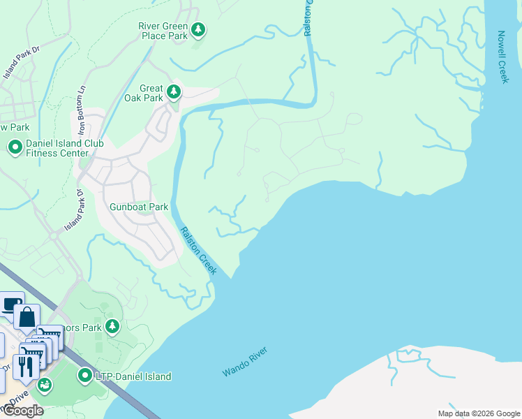 map of restaurants, bars, coffee shops, grocery stores, and more near 416 Ralston Creek Street in Charleston