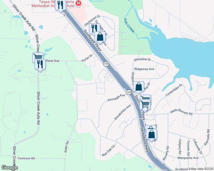map of restaurants, bars, coffee shops, grocery stores, and more near 1364 Southeast Parkway in Azle
