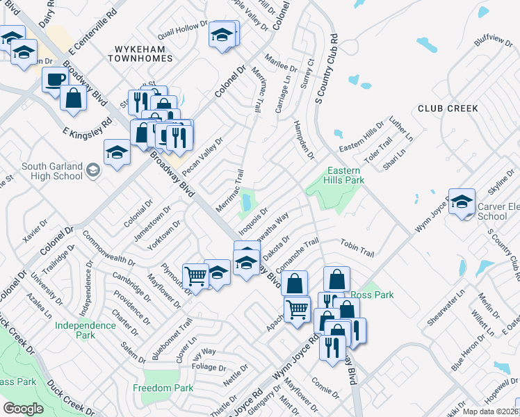map of restaurants, bars, coffee shops, grocery stores, and more near 1417 Iroquois Drive in Garland