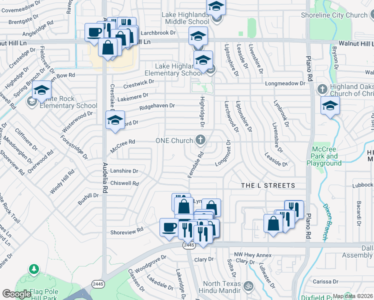 map of restaurants, bars, coffee shops, grocery stores, and more near 9036 Guildhall Drive in Dallas