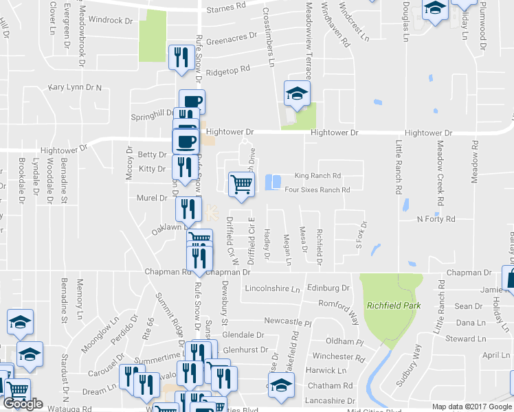 map of restaurants, bars, coffee shops, grocery stores, and more near 6860 Driffield Circle East in North Richland Hills
