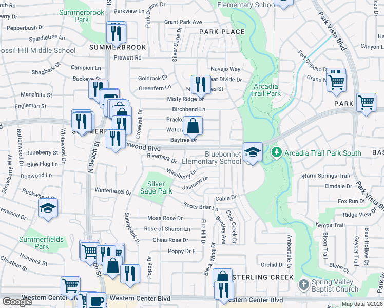 map of restaurants, bars, coffee shops, grocery stores, and more near 4725 Veronica Circle in Fort Worth