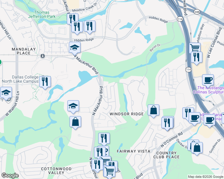 map of restaurants, bars, coffee shops, grocery stores, and more near 4621 Windsor Ridge Drive in Irving
