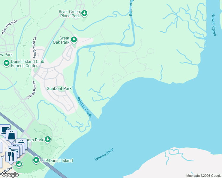 map of restaurants, bars, coffee shops, grocery stores, and more near 416 Ralston Creek Street in Charleston