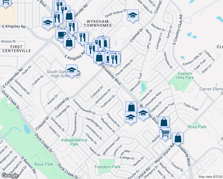 map of restaurants, bars, coffee shops, grocery stores, and more near 702 Jamestown Drive in Garland