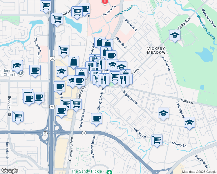 map of restaurants, bars, coffee shops, grocery stores, and more near 8316 Park Lane in Dallas
