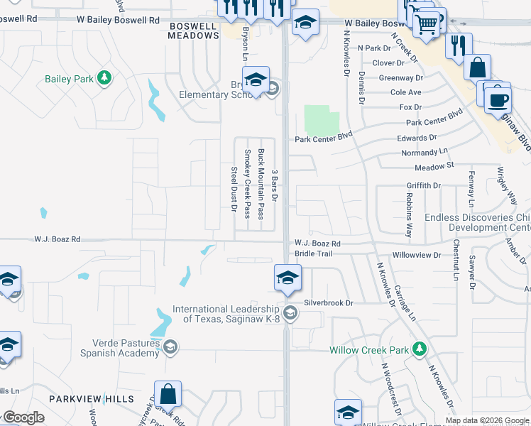 map of restaurants, bars, coffee shops, grocery stores, and more near 8217 3 Bars Drive in Fort Worth