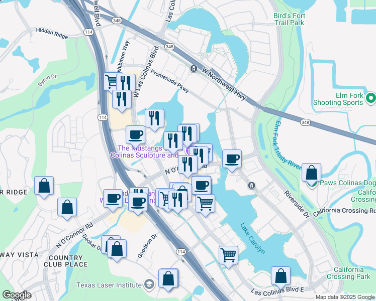 map of restaurants, bars, coffee shops, grocery stores, and more near 5215 North O'Connor Boulevard in Irving