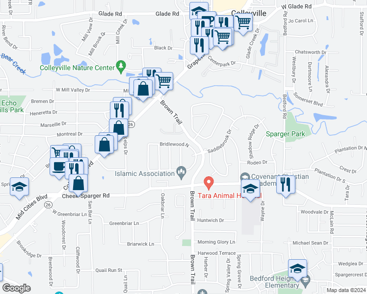 map of restaurants, bars, coffee shops, grocery stores, and more near 4115 Coachman Lane in Colleyville