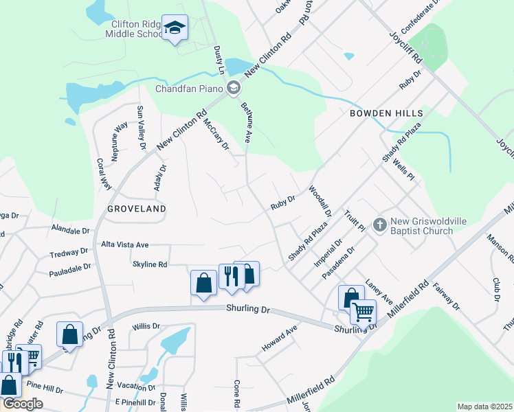 map of restaurants, bars, coffee shops, grocery stores, and more near 3149 Bethune Avenue in Macon