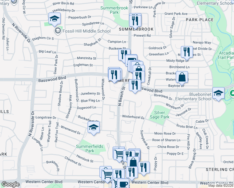 map of restaurants, bars, coffee shops, grocery stores, and more near 7205 Briarwyck Court in Fort Worth