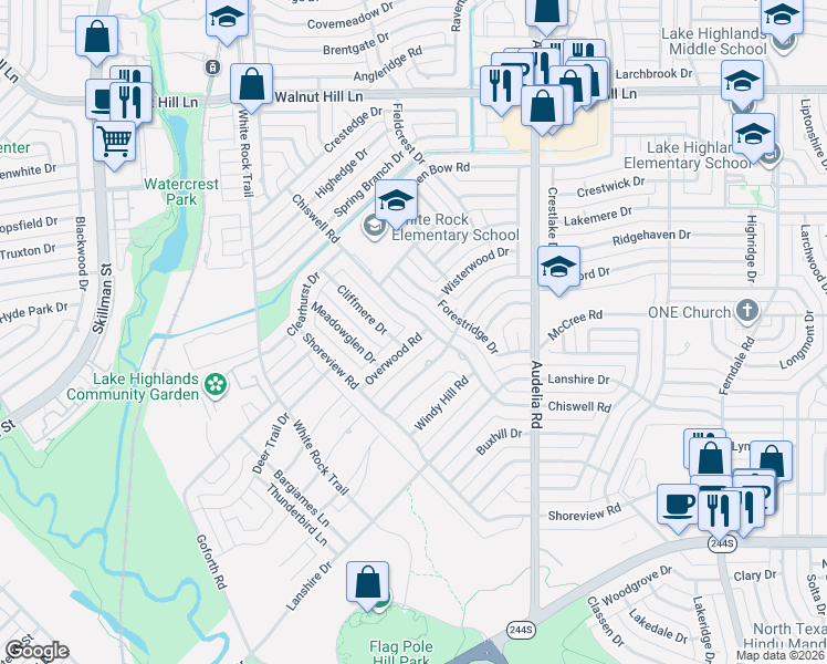 map of restaurants, bars, coffee shops, grocery stores, and more near 9525 Overwood Road in Dallas