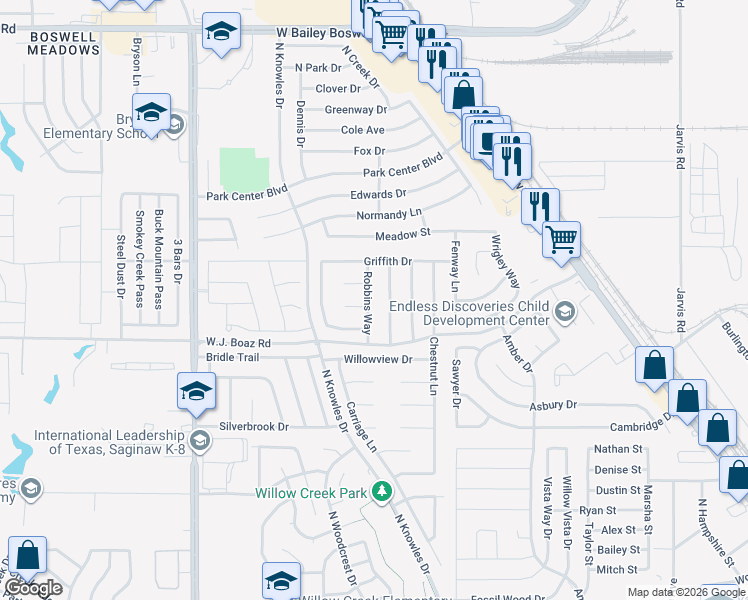 map of restaurants, bars, coffee shops, grocery stores, and more near 932 Robbins Way in Saginaw