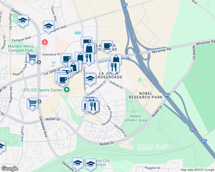 map of restaurants, bars, coffee shops, grocery stores, and more near 5223 Golden Haven Drive in San Diego