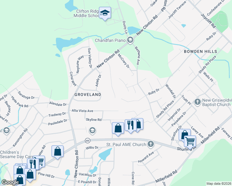 map of restaurants, bars, coffee shops, grocery stores, and more near 147 Starlite Drive in Macon