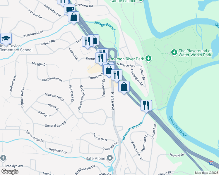 map of restaurants, bars, coffee shops, grocery stores, and more near 790 Pierce Ave in Macon
