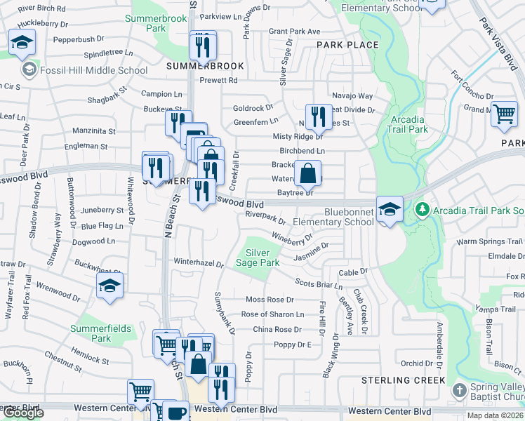 map of restaurants, bars, coffee shops, grocery stores, and more near 4625 Riverpark Drive in Fort Worth