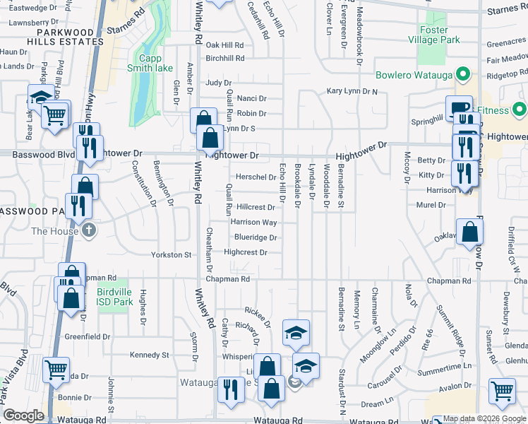 map of restaurants, bars, coffee shops, grocery stores, and more near 6036 Hillcrest Drive in Watauga