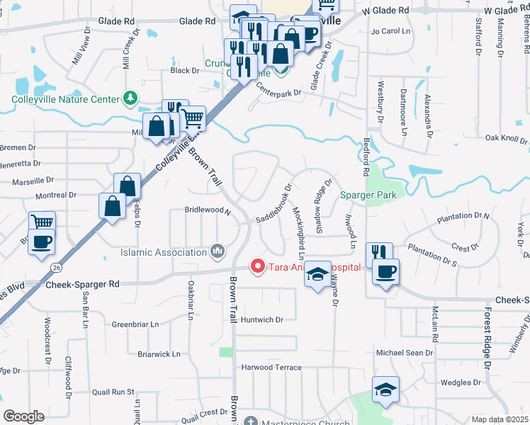 map of restaurants, bars, coffee shops, grocery stores, and more near 604 Saddlebrook Drive in Colleyville
