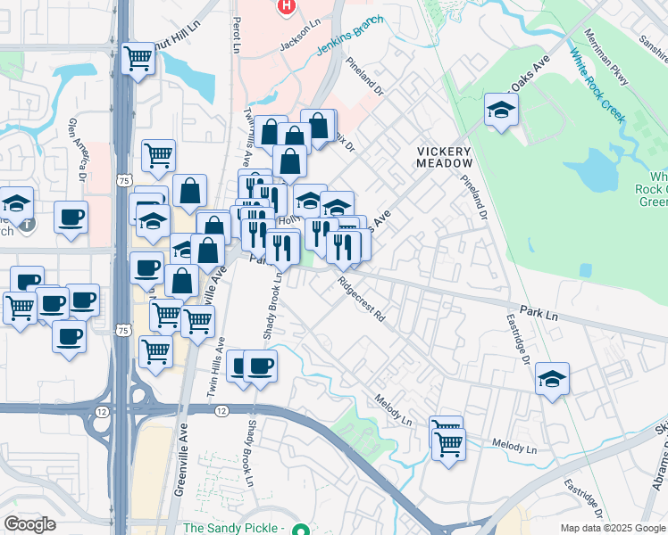 map of restaurants, bars, coffee shops, grocery stores, and more near 8398 Park Lane in Dallas