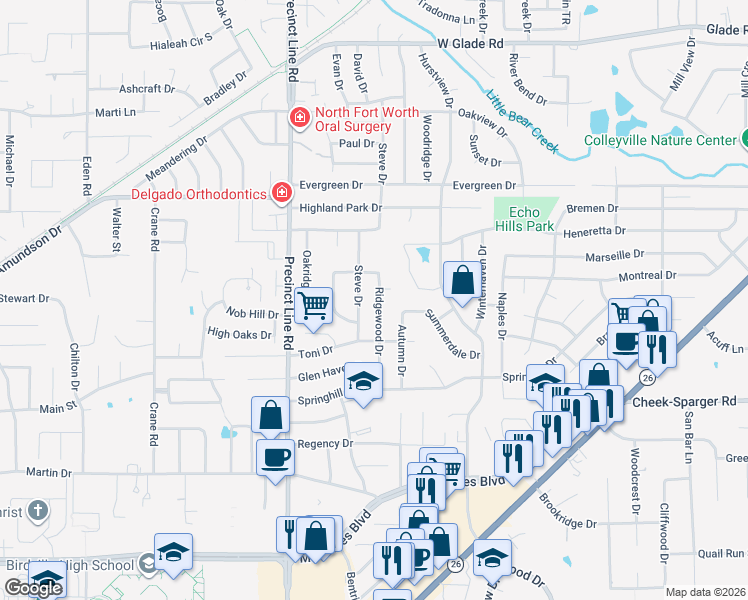 map of restaurants, bars, coffee shops, grocery stores, and more near 2920 Ridgewood Drive in Hurst