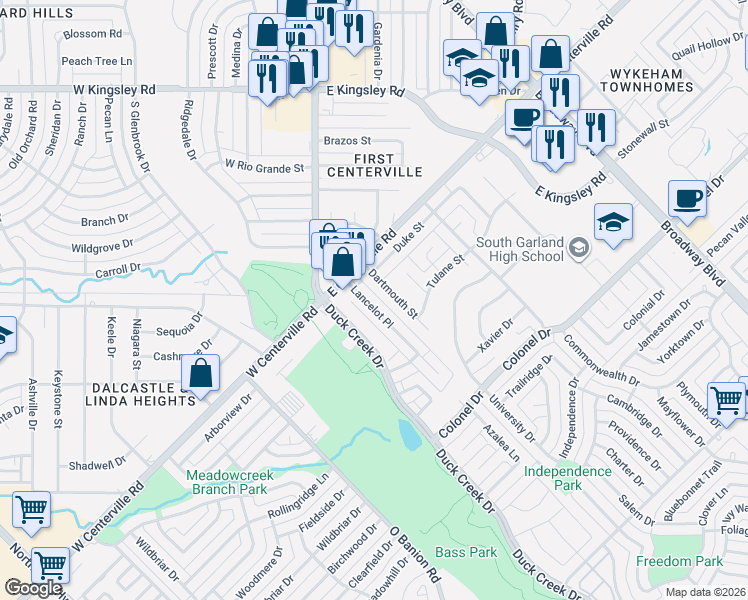 map of restaurants, bars, coffee shops, grocery stores, and more near 3726 Lancelot Place in Garland