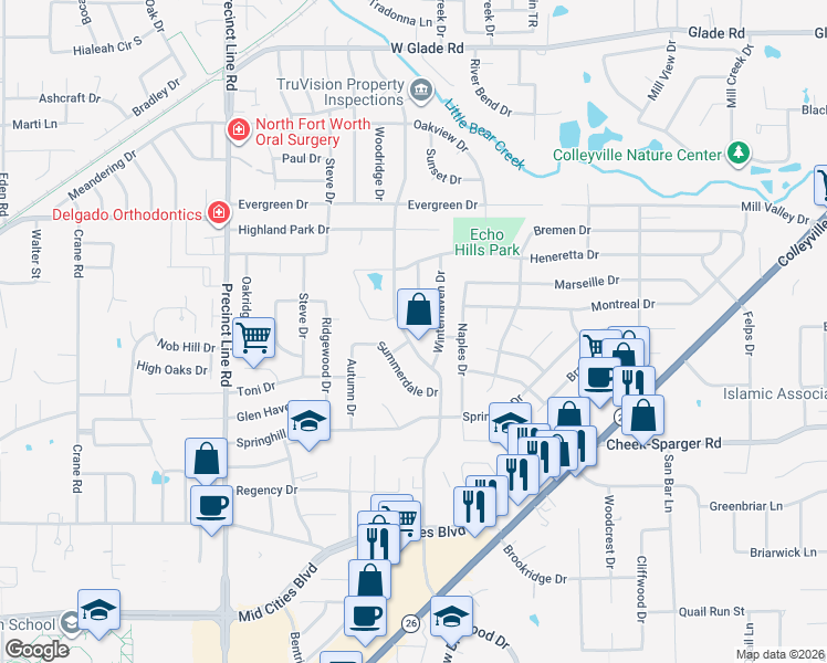 map of restaurants, bars, coffee shops, grocery stores, and more near 2840 Hurstview Drive in Hurst