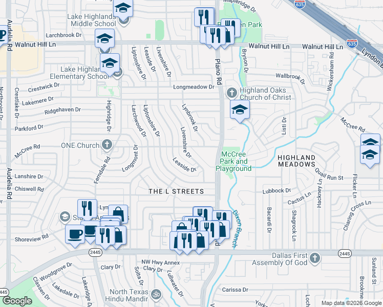map of restaurants, bars, coffee shops, grocery stores, and more near 9012 Livenshire Drive in Dallas
