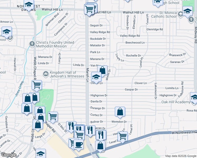 map of restaurants, bars, coffee shops, grocery stores, and more near 3727 Clover Lane in Dallas
