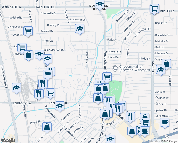 map of restaurants, bars, coffee shops, grocery stores, and more near 3220 Chapel Creek Drive in Dallas