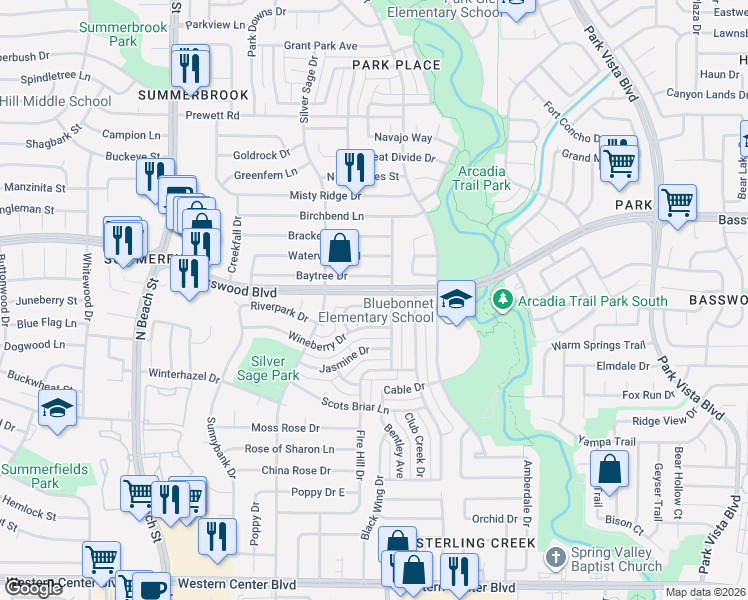 map of restaurants, bars, coffee shops, grocery stores, and more near 4758 Veronica Circle in Fort Worth