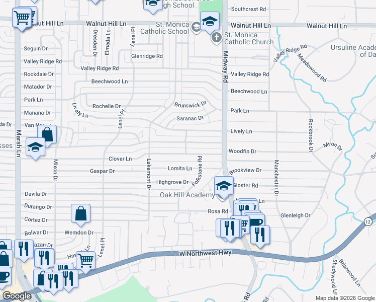 map of restaurants, bars, coffee shops, grocery stores, and more near 4105 Clover Lane in Dallas