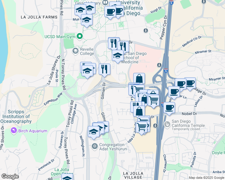 map of restaurants, bars, coffee shops, grocery stores, and more near 8901 Gilman Drive in San Diego