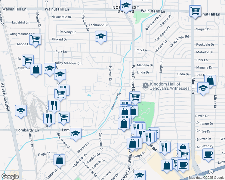 map of restaurants, bars, coffee shops, grocery stores, and more near 3220 Chapel Creek Drive in Dallas