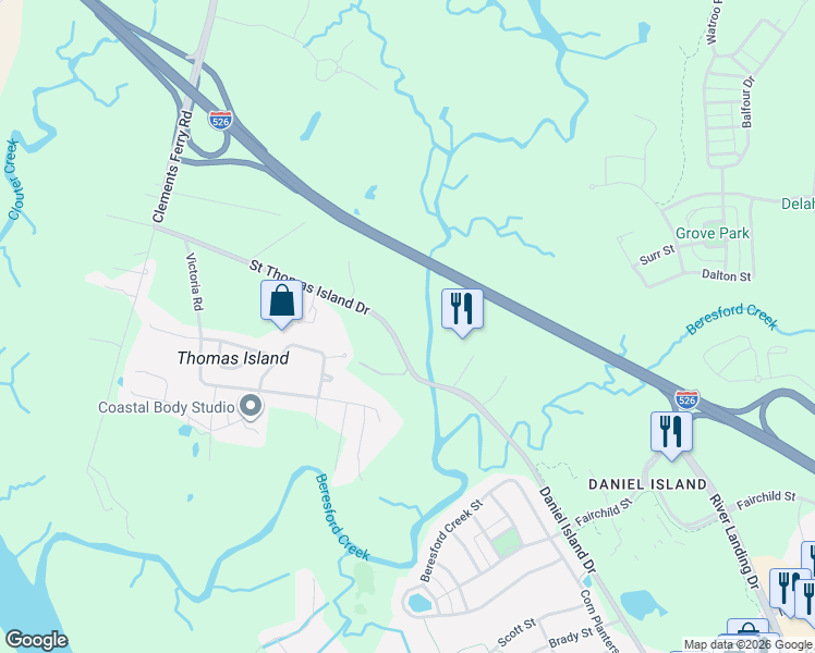 map of restaurants, bars, coffee shops, grocery stores, and more near 1121 Saint Thomas Island Drive in Wando