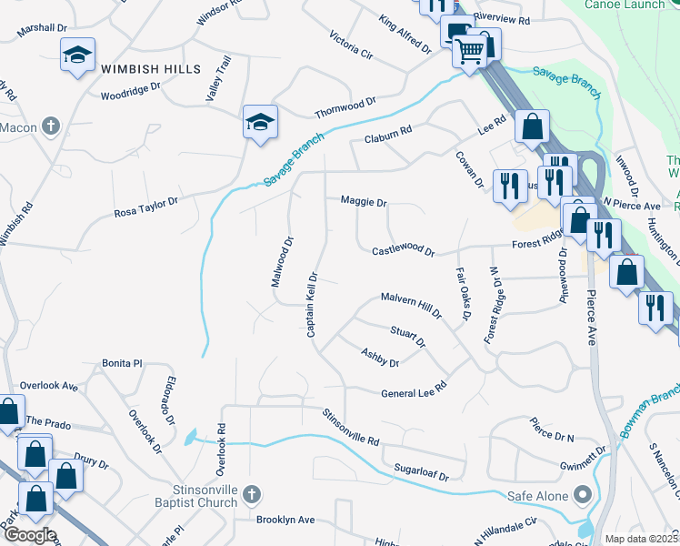map of restaurants, bars, coffee shops, grocery stores, and more near 756 Mosby Court in Macon