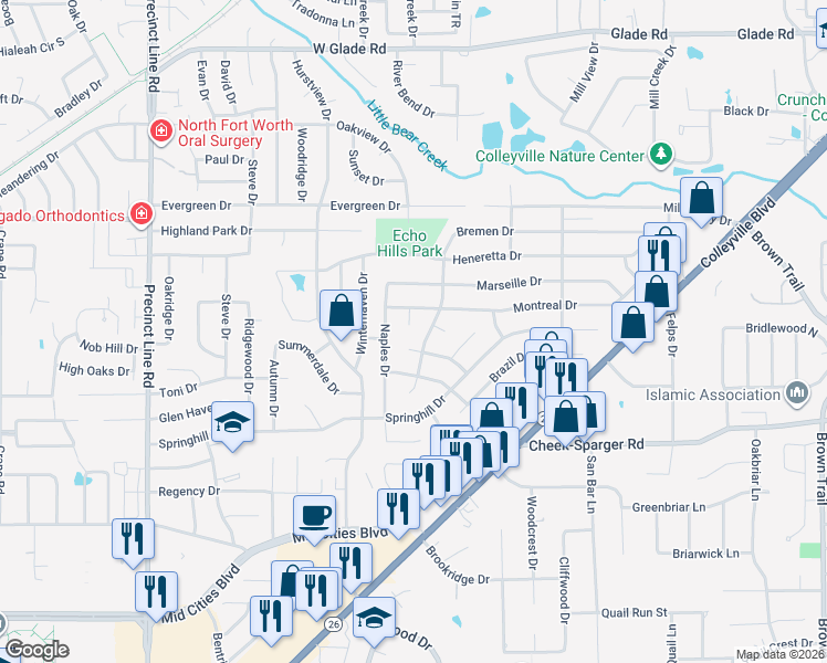 map of restaurants, bars, coffee shops, grocery stores, and more near 404 Cottonwood Lane in Hurst